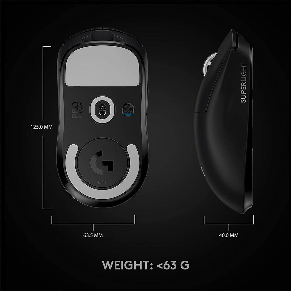 Logitech G PRO X Superlight Wireless USB Gaming Mouse, Ultra Lightweight 63 g, Hero 25K Sensor, 25, 600 DPI, 5 Programmable Buttons, Long Battery Life, for Esports, Compatible with PC/Mac-Black