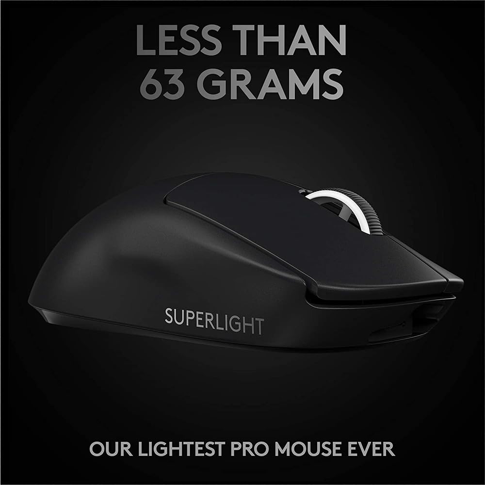 Logitech G PRO X Superlight Wireless USB Gaming Mouse, Ultra Lightweight 63 g, Hero 25K Sensor, 25, 600 DPI, 5 Programmable Buttons, Long Battery Life, for Esports, Compatible with PC/Mac-Black