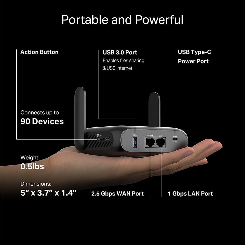 TP-Link BE3600 Wi-Fi 7 Portable Travel Router TL-WR3602BE | Dual-Band, 2.5 Gig Port, USB 3.0 | Multi-Modes in One | OpenVPN, WireGuard® | Public WiFi Sharing for Hotel/Cruise/RV/Plane | No 6 GHz