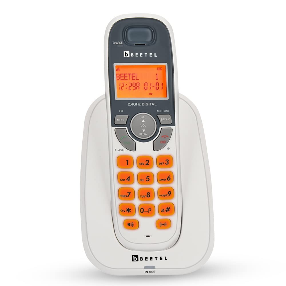 Beetel X75 2.4Ghz Cordless Landline Phone,Dual Mode DTMF/FSK,1 Line 7segment LCD Display& Blue LED Backlit,Illuminated Keypad,2 Way Speaker Phone,6 Step Ringer Volume Control(Grey/White)(X75)