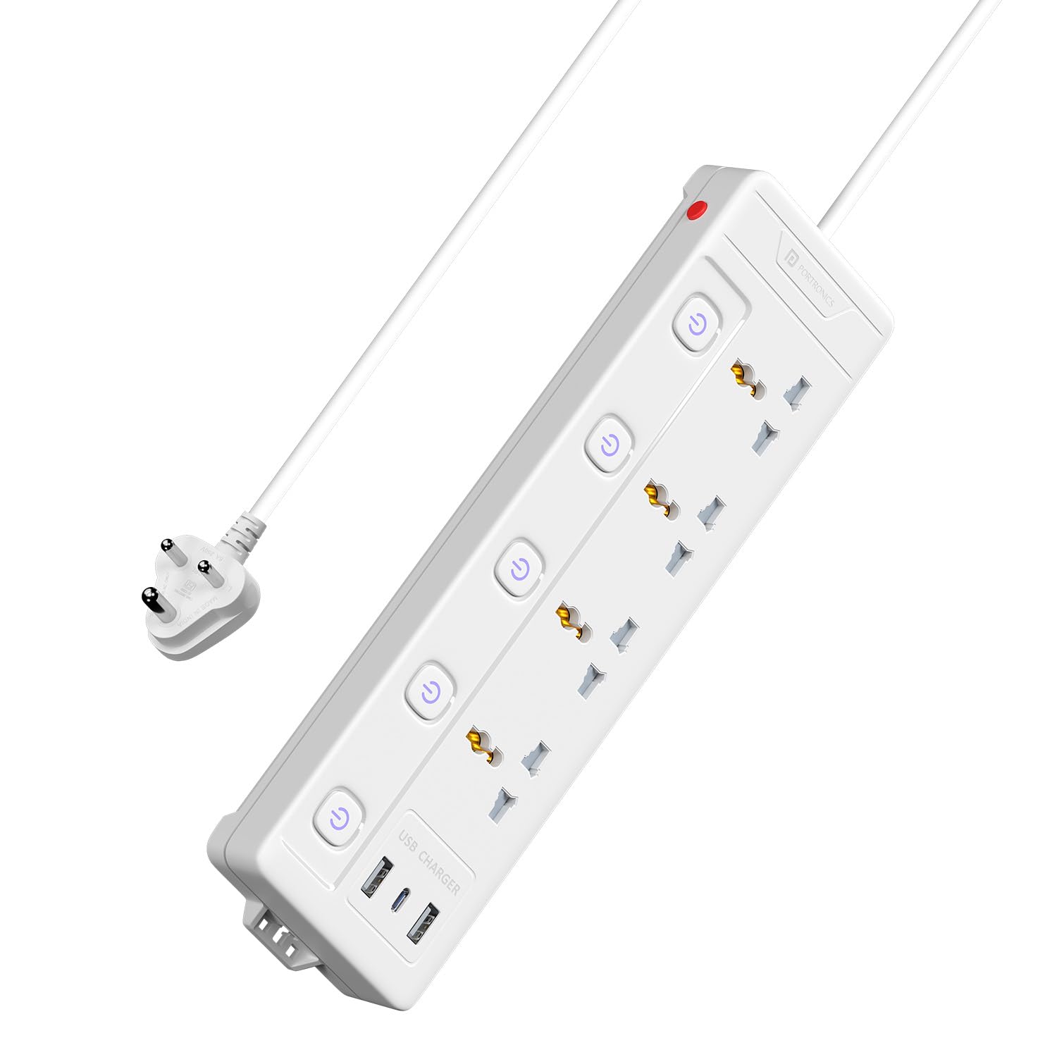Portronics Power Plate 5 1500W Power Converter with USB Charger & Mobile Holder 3AC Socket + 3USB Ports I 1.5 m Cord Length ( White)