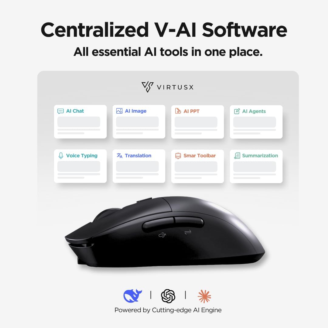 Virtusx Jethro AI Mouse - Voice & Audio Recorder for Lecture & Meeting, Centralized Software with Voice Typing, Writing Tools, Transcribe, Translate & Summarize, Wireless Mouse for Computer, Laptop