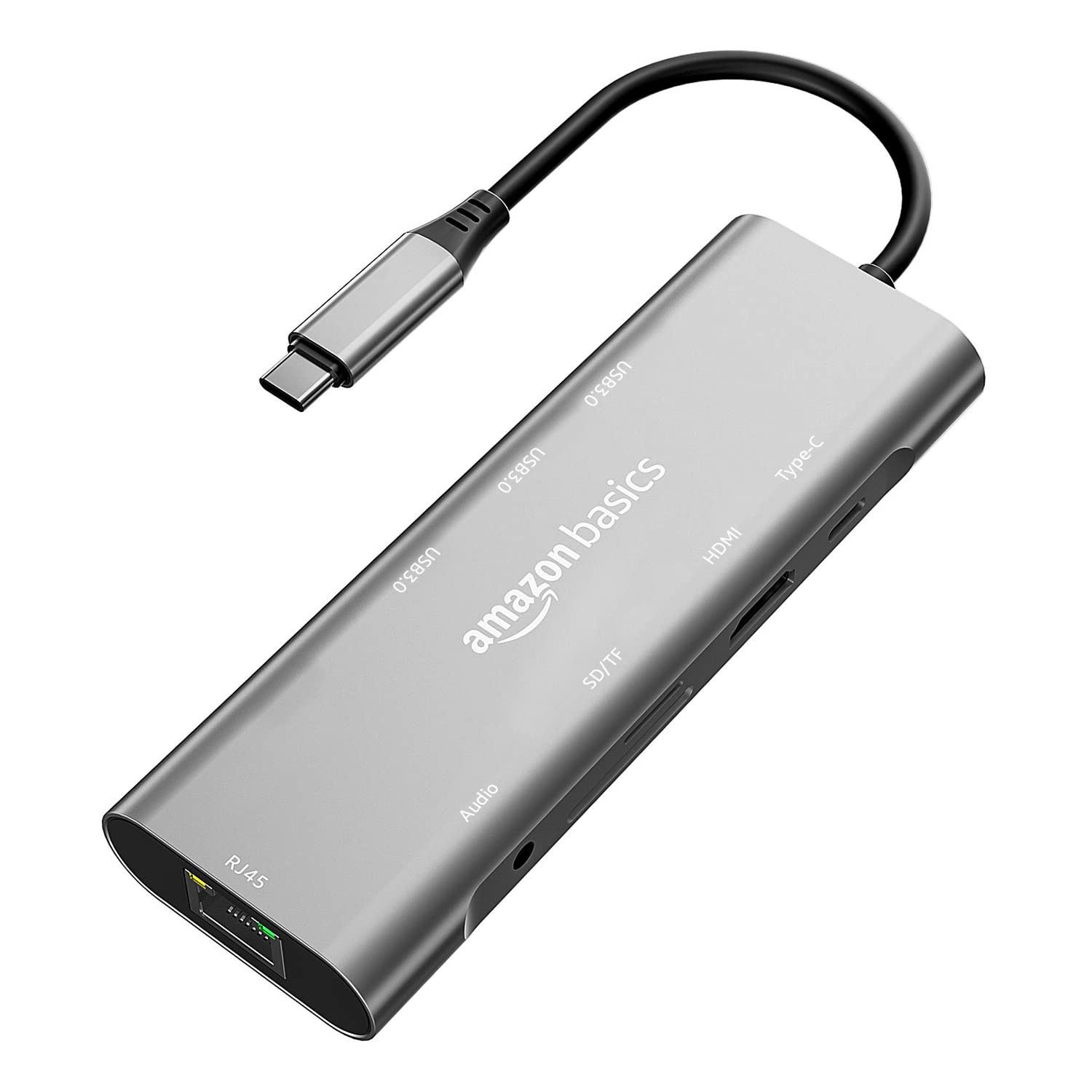 Amazon Basics USB-C Hub Dock 9-in-1 Aluminium Type-C Adapter with 4K HDMI, Ethernet 1000mbps Port, 3 USB 3.0, USB-C Power Delivery, 3.5mm Audio only, TF/SD Card Reader, Mac & Windows USB-C Devices