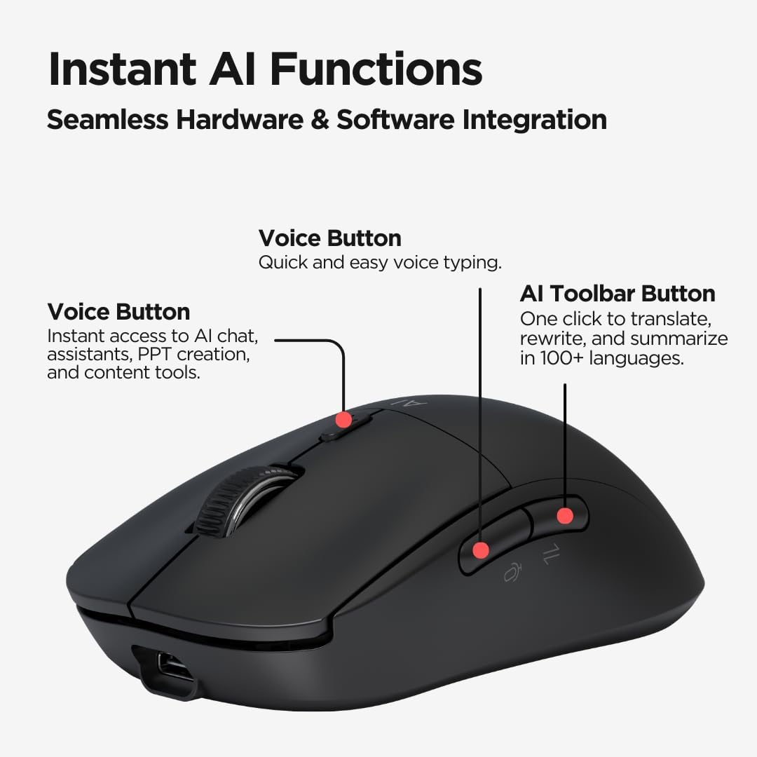 Virtusx Jethro AI Mouse - Voice & Audio Recorder for Lecture & Meeting, Centralized Software with Voice Typing, Writing Tools, Transcribe, Translate & Summarize, Wireless Mouse for Computer, Laptop