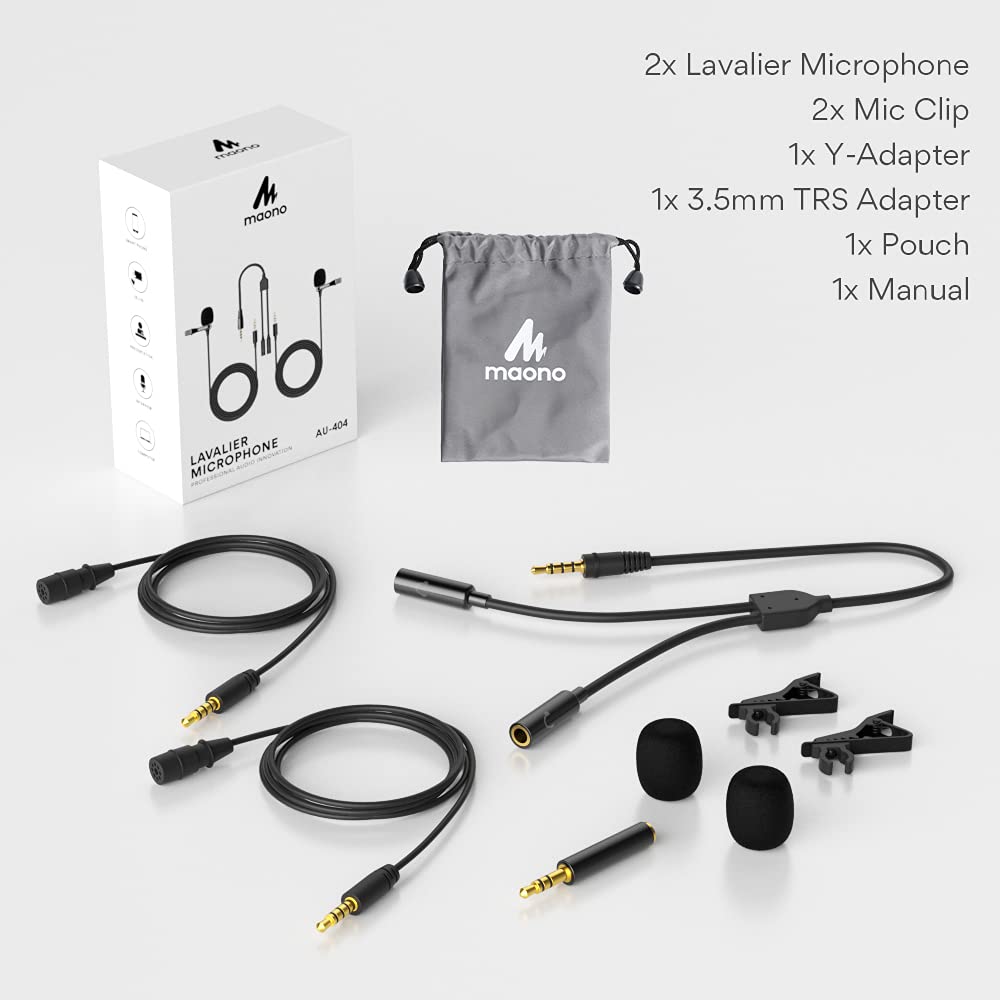 Maono AU-404 Auxiliary USB Omnidirectional Dual Collar Lavalier Condenser Microphone For Mobile, PC, YouTube Recording, Singing, Vlogging (Black)