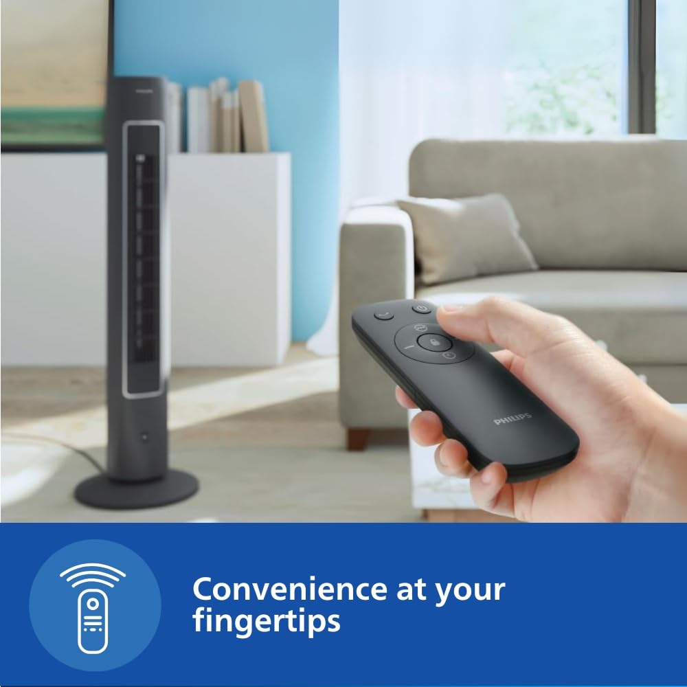 PHILIPS CX 5535/11 High Performance Bladeless Technology Tower Fan with Touchscreen Panel and Remote Control, Quiet Operation, Low Power Consumption and Lightweight Portable Body., Black, 400 mm