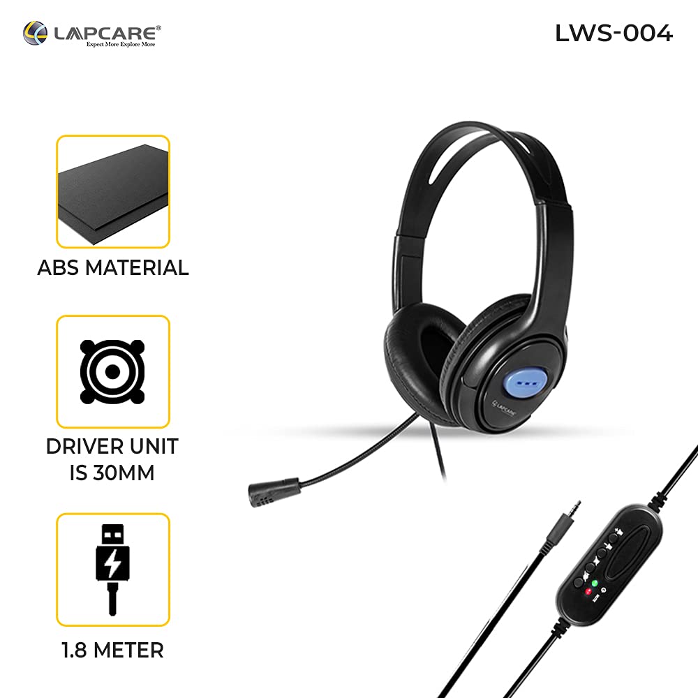 LAPCARE LWS004 Black | Adjustable Headset | Ideal for Gaming and Voice Recording | Compatible with Computer/Mobile Phones/Xbox/PS4 | Wired Over Ear Headphone with Mic