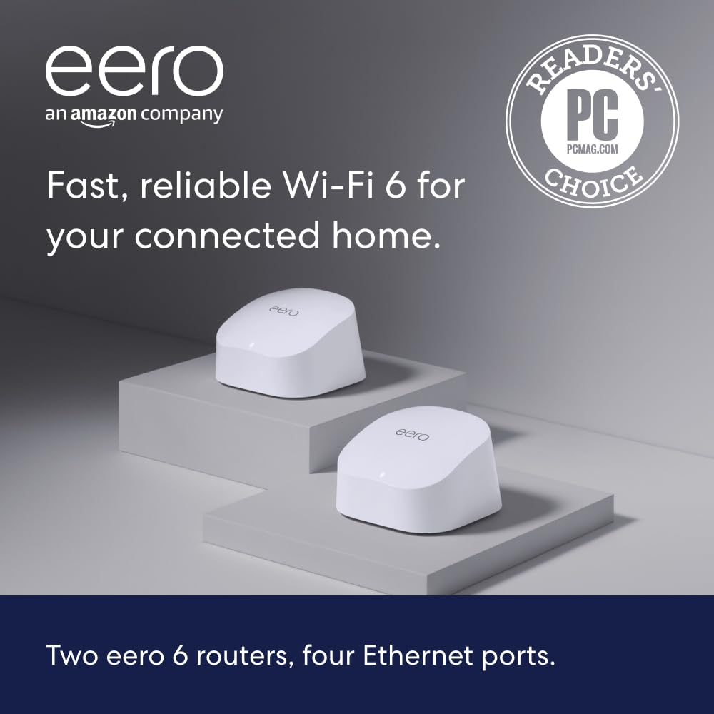 Amazon eero 6 mesh wifi system - Supports internet plans up to 500 Mbps, Coverage up to 4,500 sq. ft., Connect 75+ devices, 3-pack (1 router + 2 extenders)