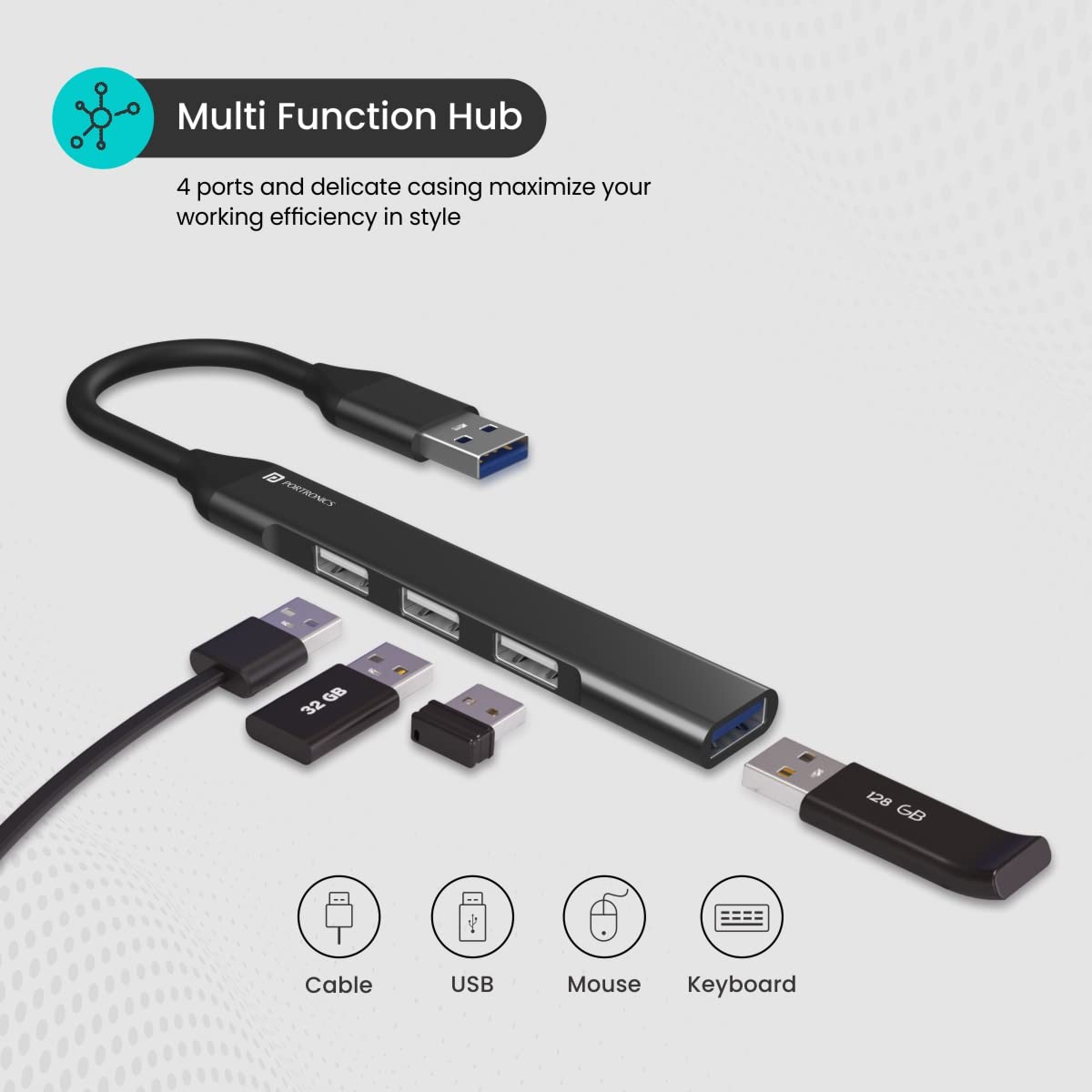Portronics Mport 31 USB Hub Dock (4-in-1), Multiport Adapter with 1 x USB 3.0 & 3 x USB 2.0 Ports, up to 5 Gbps High Speed Data Transfer for Laptop/PC (Grey)