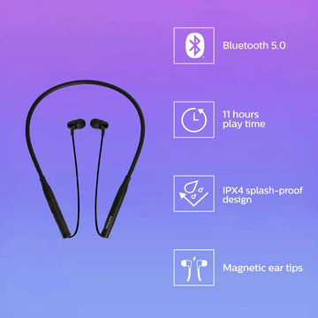 Philips Audio TAN2215 Bluetooth Wireless In Ear Earphones with 11 Hr Playtime, 9 mm Drivers, IPX4 Splash Proof, Magnetic Eartips, with Mic (Black)