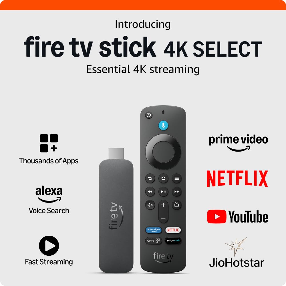 Amazon Fire TV Stick 4K Select (newest model), start streaming in 4K, Alexa voice search, stream lakhs of movies & episodes, free and live TV