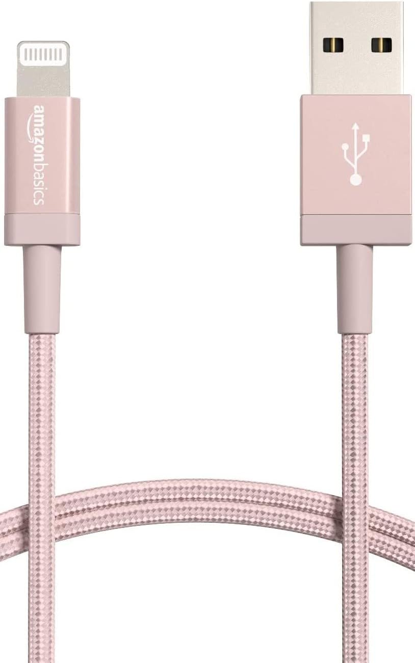 Amazon Basics USB-A to Lightning Cable, Apple MFi Certified, Nylon Braided Cord for iPhone 14 13 12 11 X Xs Pro, Pro Max, Plus, iPad, High Speed Transfer, 6 Foot, Rose Gold