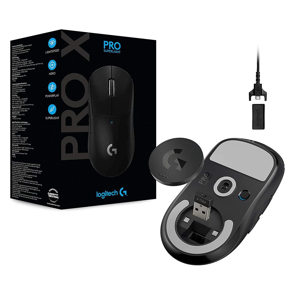 Logitech G PRO X Superlight Wireless USB Gaming Mouse, Ultra Lightweight 63 g, Hero 25K Sensor, 25, 600 DPI, 5 Programmable Buttons, Long Battery Life, for Esports, Compatible with PC/Mac-Black