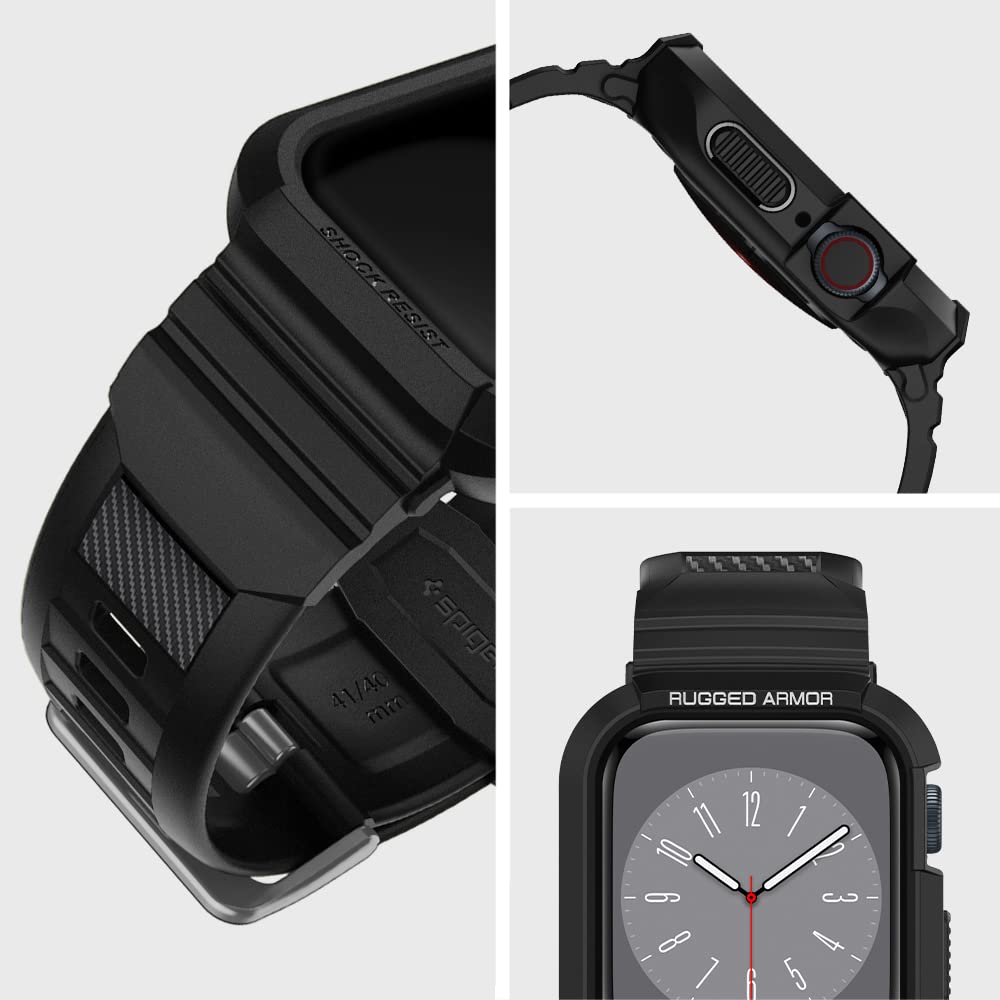 Spigen Rugged Armor Pro for Apple Watch SE3 Series 40mm Case with Strap Band, Series 9/8/7 41mm, SE2/6/5/4 40mm Protective TPU Cover with Strap - Black
