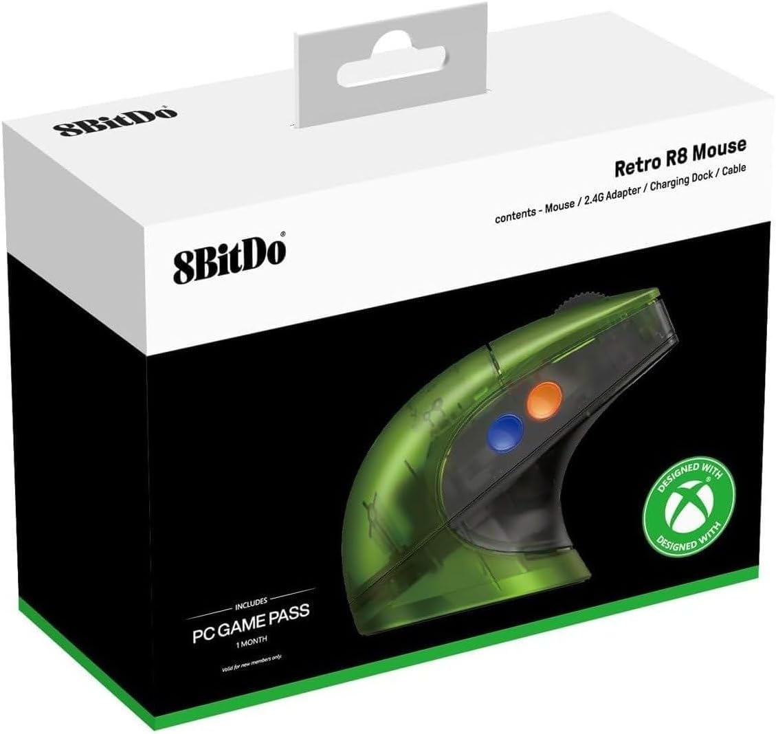 8BitDo Retro R8 Mouse with PAW 3395 Optical Sensor DPI 26K, Wireless 4K Polling Mouse with Charging Dock, Programmable Buttons, and Kailh Sword GM X Micro Switches - Xbox Edition(Officially Licensed)