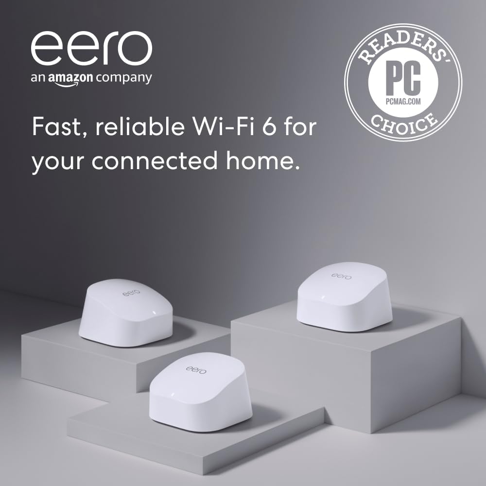 Amazon eero 6 mesh wifi system - Supports internet plans up to 500 Mbps, Coverage up to 4,500 sq. ft., Connect 75+ devices, 3-pack (1 router + 2 extenders)