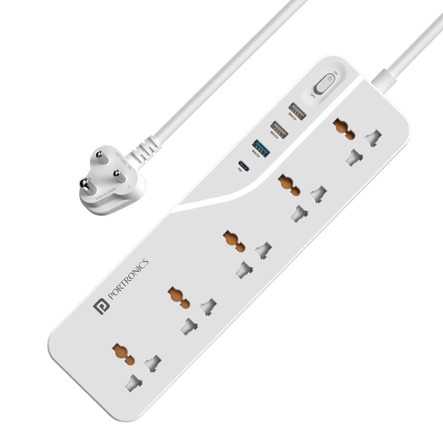 Portronics Power Plate 5 1500W Power Converter with USB Charger & Mobile Holder 3AC Socket + 3USB Ports I 1.5 m Cord Length ( White)