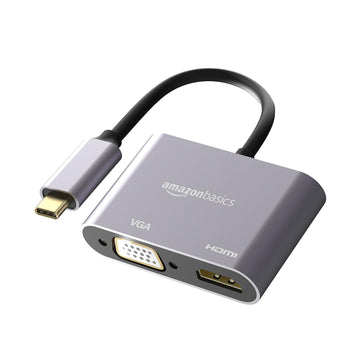 Amazon Basics 4-in-1 Hub Multiport Adapter with HDMI 4K, VGA 1080P, USB 3.0, 100W USB-C PD Port for PC, MacBook, Mac mini, iMac, and Tablet