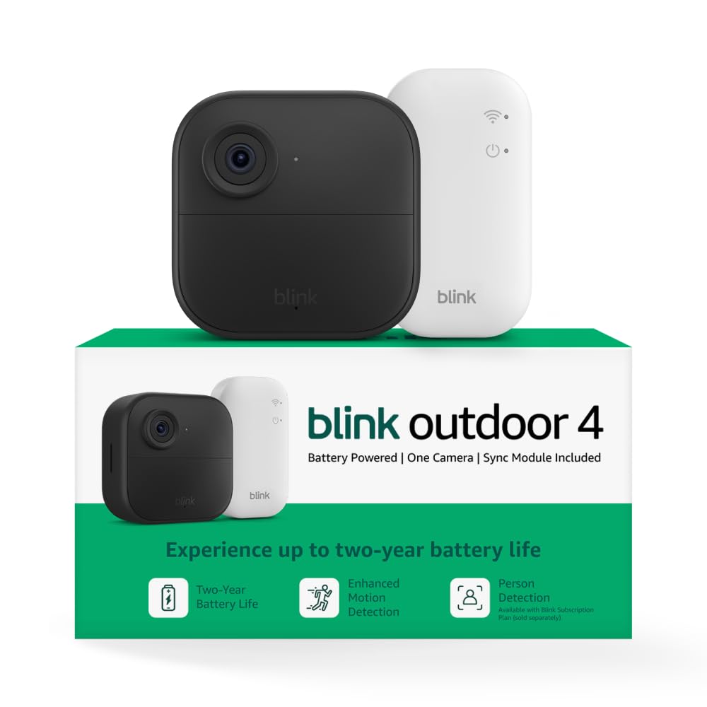Blink Outdoor 4 – Wireless smart security camera, two-year battery life, 1080p HD day and infrared night live view, two-way talk. Sync Module Core included – 5 camera system