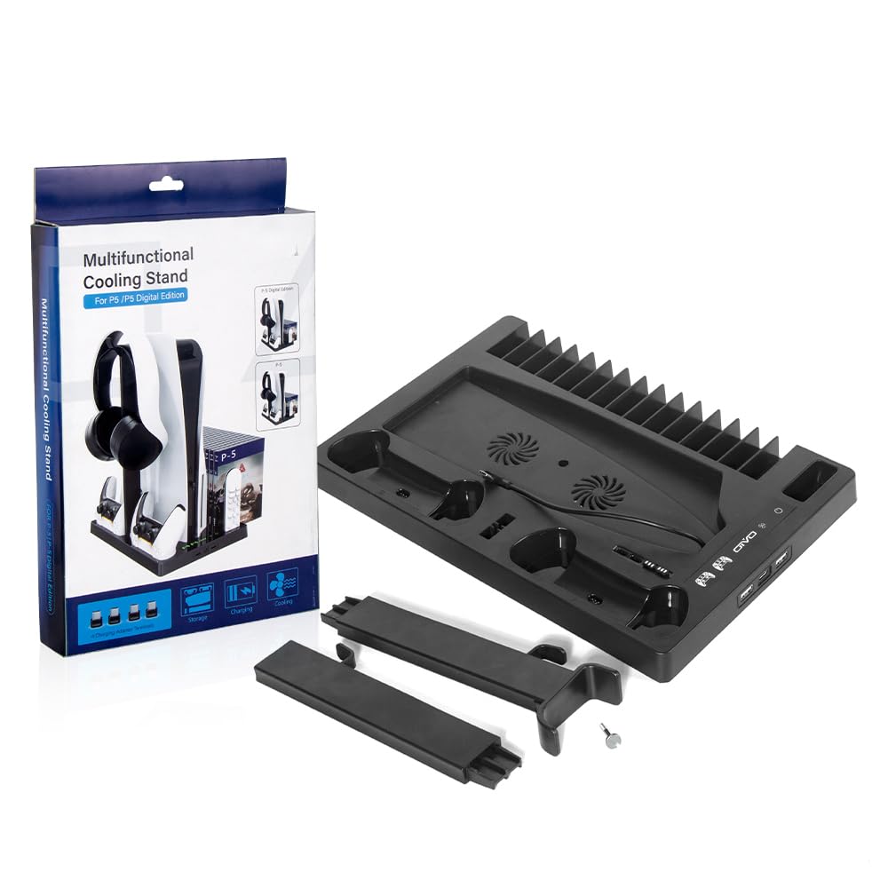New World Vertical Stand for PS5 Digital Edition and Disc Edition Console with Cooling Fan, Controller Charging Station and 15 Game Cards Slots and Headset Stand for PS5