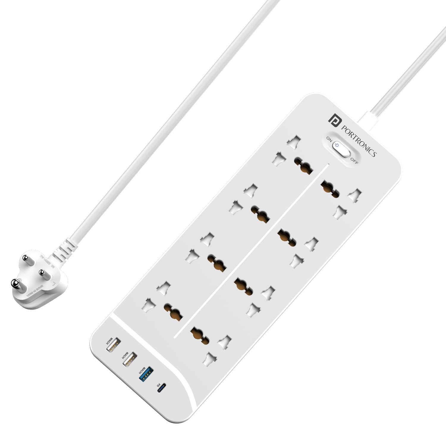 Portronics Power Plate 5 1500W Power Converter with USB Charger & Mobile Holder 3AC Socket + 3USB Ports I 1.5 m Cord Length ( White)