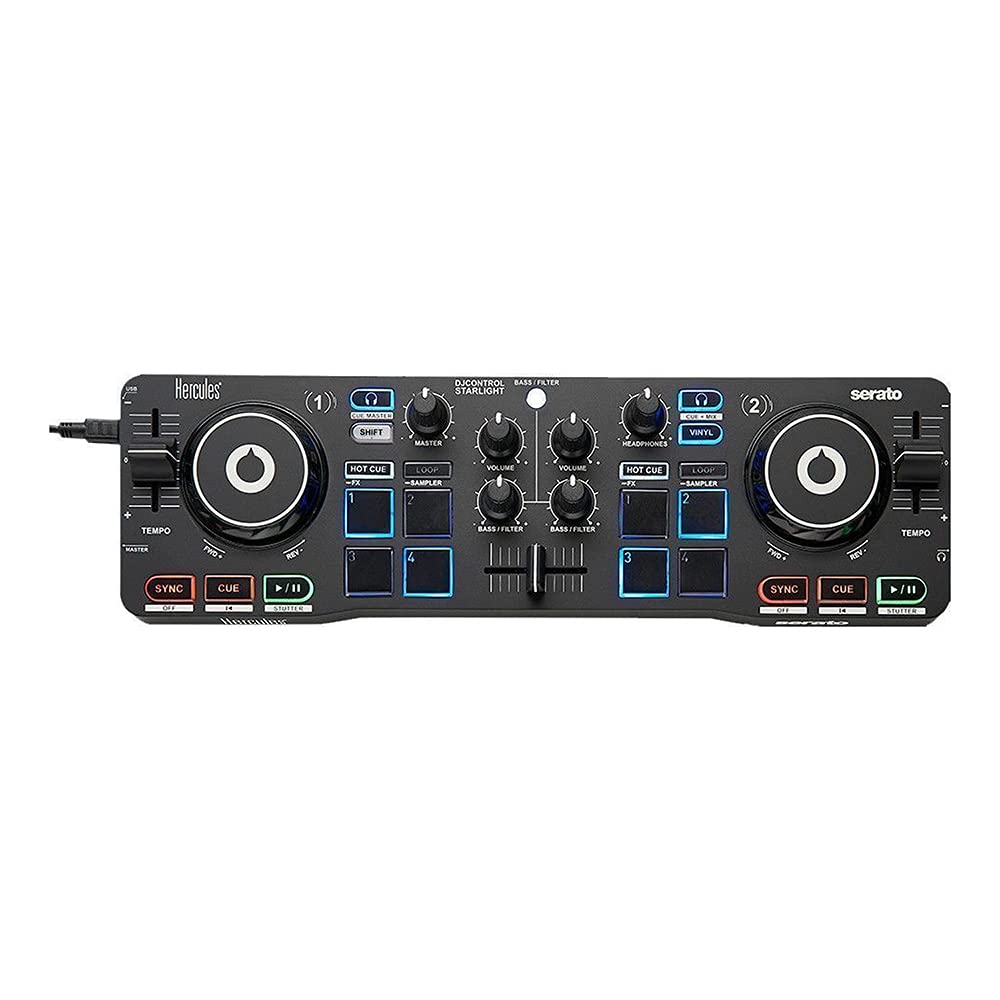 Hercules DJControl Starlight – Portable USB DJ Controller - 2 tracks with 8 pads and sound card - Serato DJ Lite included