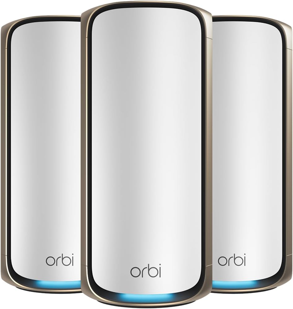 NETGEAR Orbi 970 Series Quad-Band WiFi 7 Mesh Network System (RBE973S), Router + 2 Satellite Extenders, Security Features, Up to 27Gbps, Covers Up to 10,000 sq. ft., 200 Devices, 10 Gig Internet Port