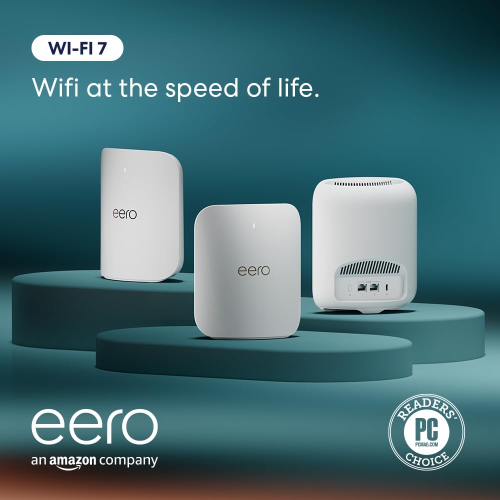 Amazon eero Pro 7 with 1 month free eero Plus (auto-renews) - Supports internet plans up to 5 Gbps, Coverage up to 2,000 sq. ft., Connect 200+ devices, 1-pack