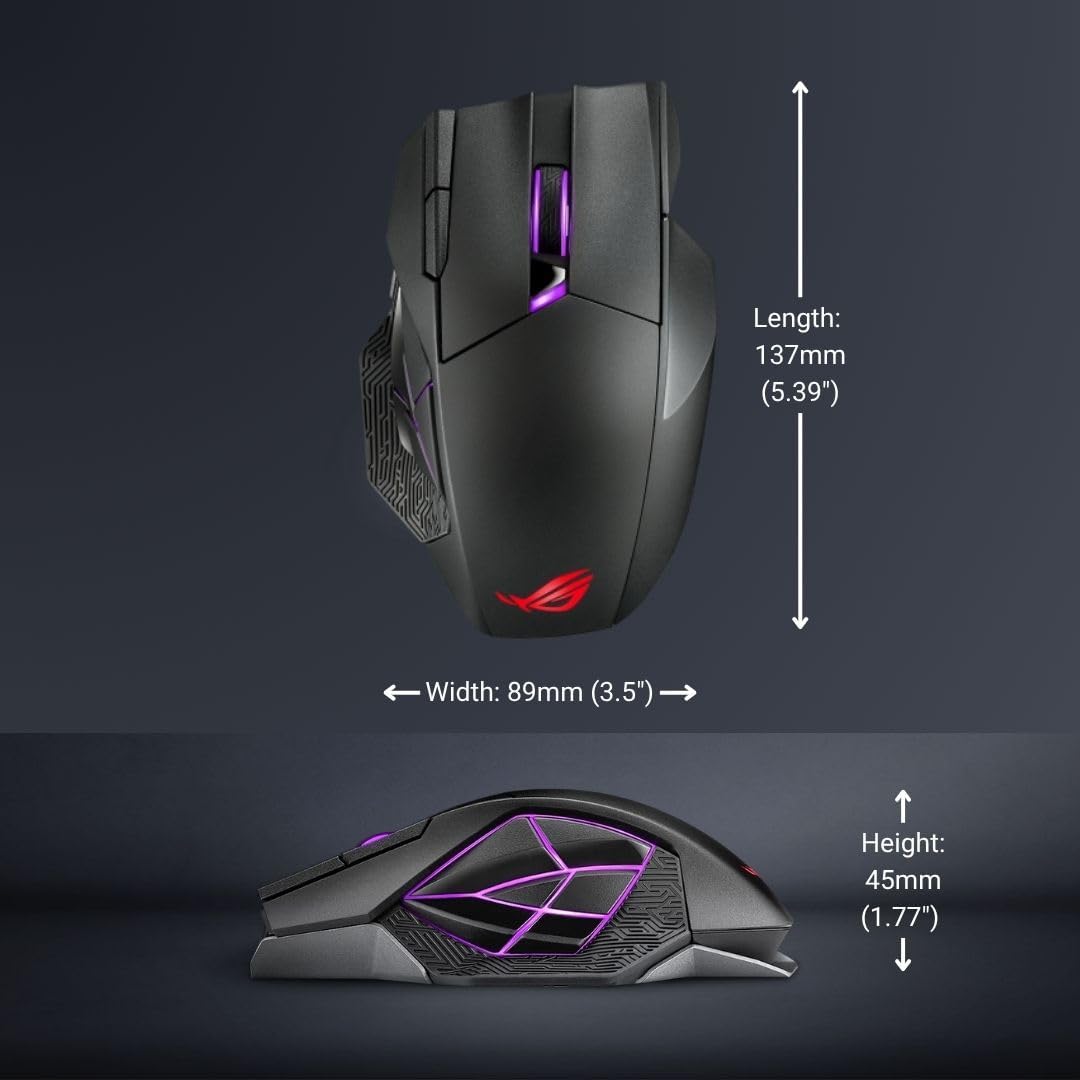 ASUS ROG Spatha X Wireless Gaming Mouse (Magnetic Charging Stand, 12 Programmable Buttons, 19,000 DPI, Push-fit Hot Swap Switch Sockets, ROG Micro Switches&Paracord and Aura RGB lighting),Black