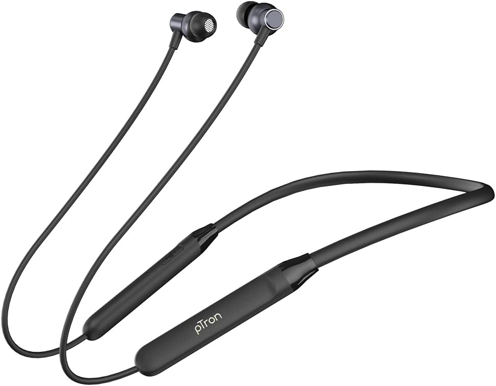 pTron Tangent Evo with 14Hrs Playback, Bluetooth 5.0 Wireless Headphones with Deep Bass, IPX4 Water Resistance, Ergonomic & Snug-fit, Voice Assistance, Magnetic Earbuds & Built-in HD Mic (Black)