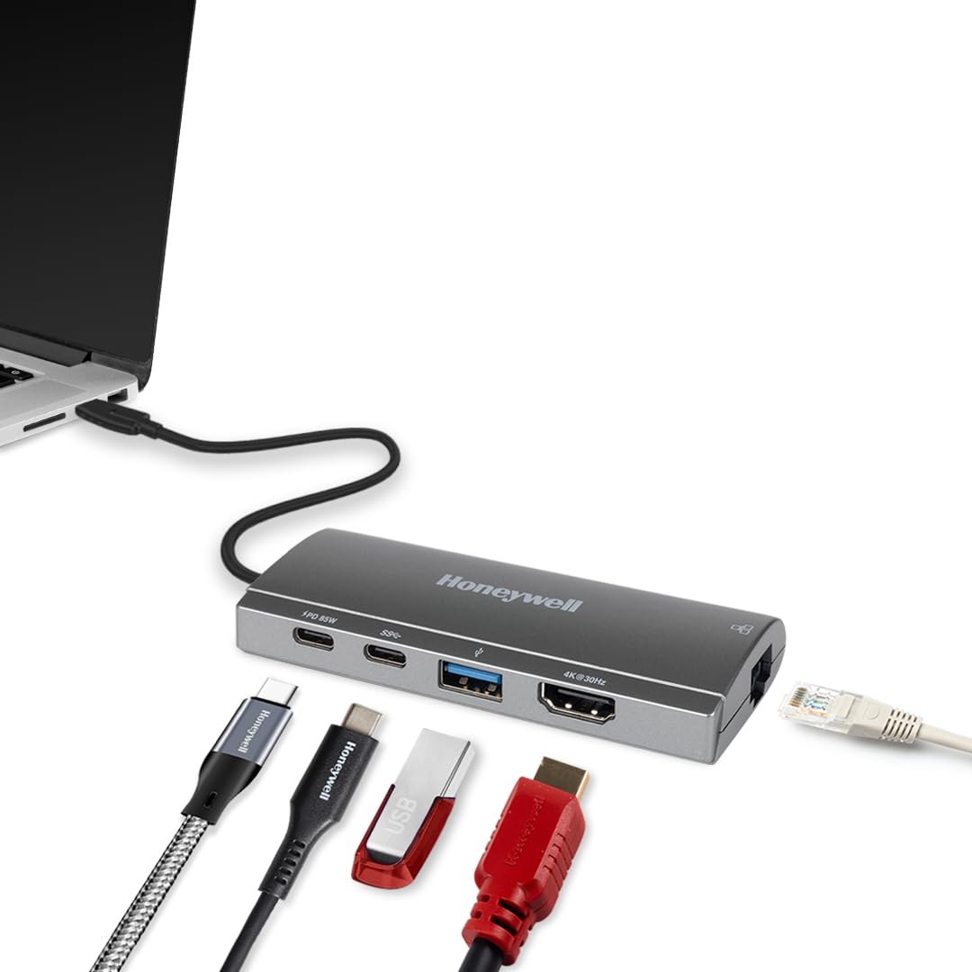 Honeywell 5-in-1 Type C Mini Docking Station - 4K HDMI, 1GBPS Ethernet, USB 3.0 & Dual Type C PD85W Ports, 5GB Transfer Speed, Compatible with All Type C Devices