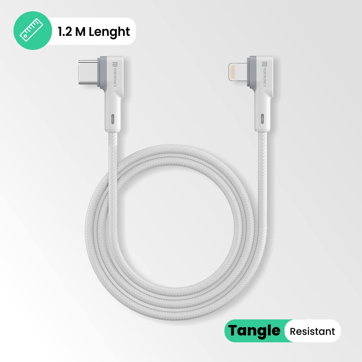 Portronics Konnect L 20W PD Quick Charge Type-C to 8-Pin USB Mobile Charging Cable, 1.2M, Tangle Resistant, Fast Data Sync(White)
