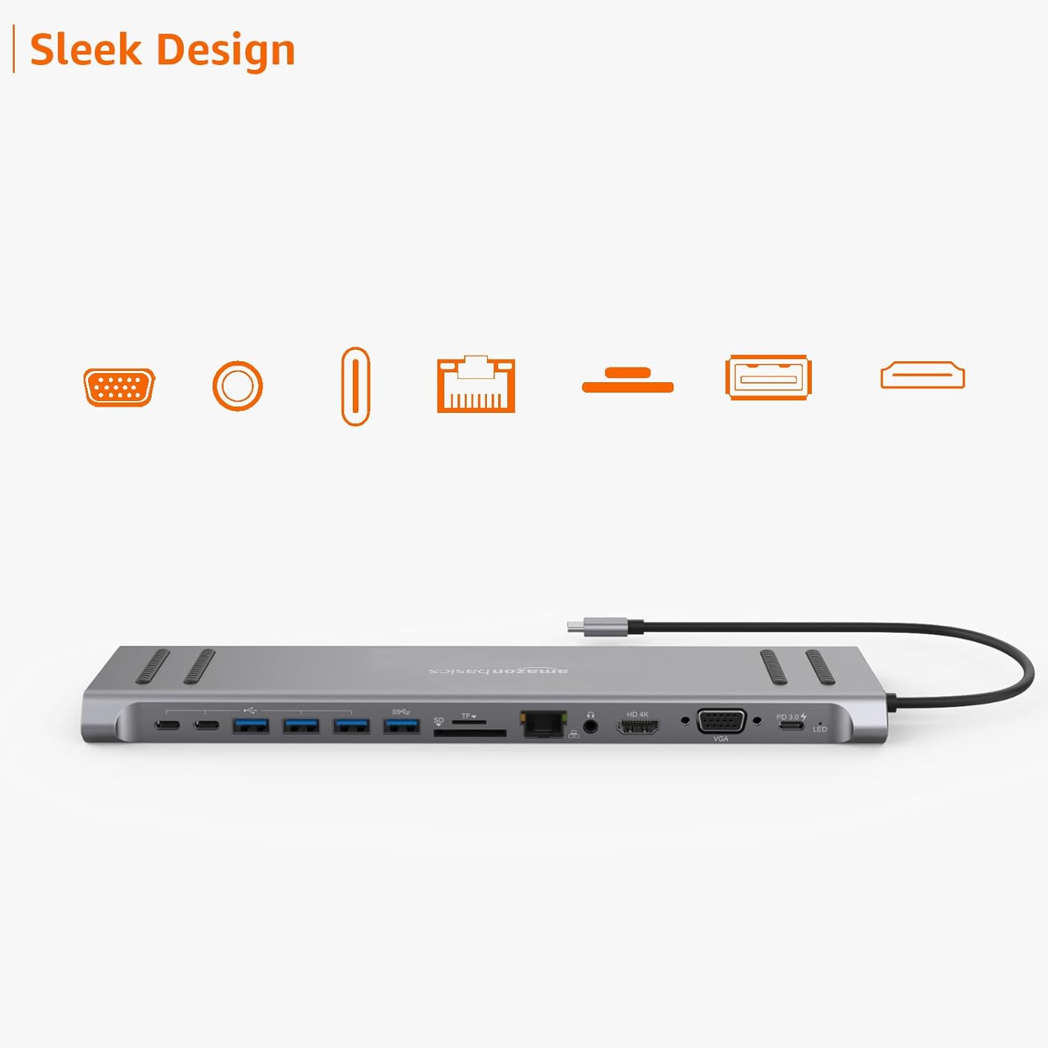 Amazon Basics Dock Station, 13-in-1 USB C HUB Docking Station, USB C Network Hub with HDMI VGA PD(3.0), 4xUSB 2xUSB C, 10/100M Gigabit Laptop Stand for MacBook iPad Surface Pro and More Windows Laptop