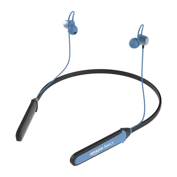 amazon basics Bluetooth 5.0 Neckband with Magnetic Earbuds | Up to 30 Hours Playtime | Voice Assistant | Dual Pairing | IPX6 Rated (Blue+Black)