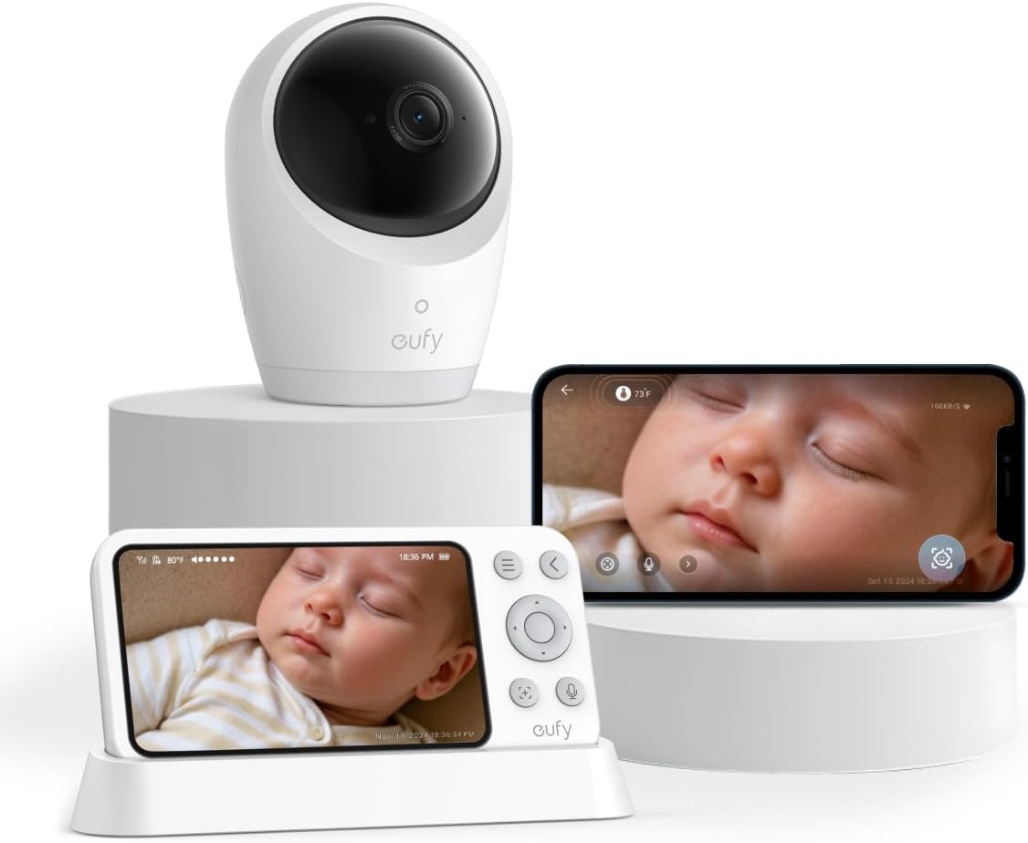 eufy Security Baby Monitor E21 with 4K UHD Camera, 5'' 720p Display, 8X Zoom, Hybrid Wi-Fi and No Wi-Fi Connection, 24/7 Recording in app, Pan-Tilt, Portable Camera with Built-in Battery, ANR