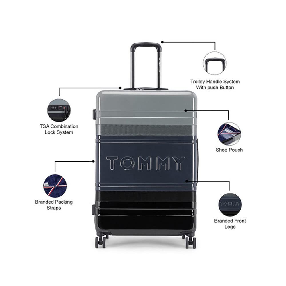 Tommy Hilfiger Triton Plus Hard Luggage Trolley Bag for Travel - 58 cms, Black & Grey 8 Wheel Small Unisex Bag