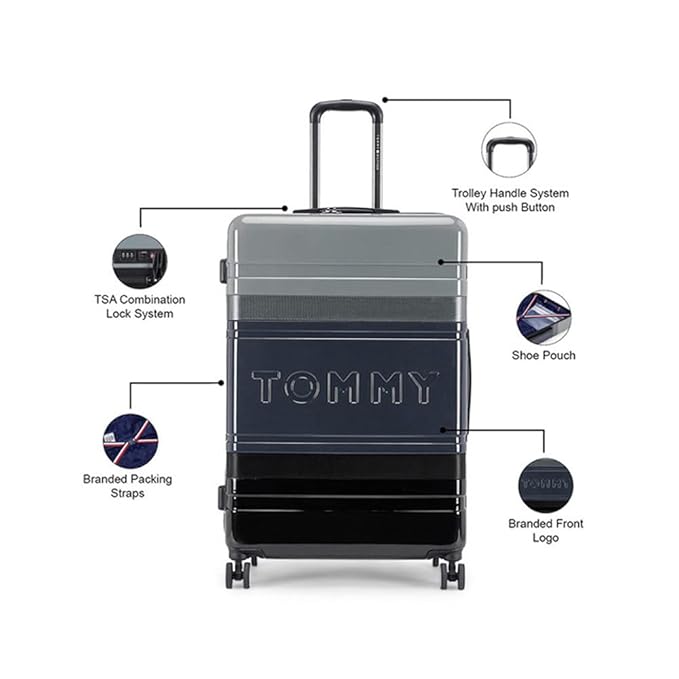 Tommy Hilfiger Triton Plus Hard Luggage Trolley Bag for Travel - 77 cms, Black & Grey 8 Wheel Large Unisex Bag