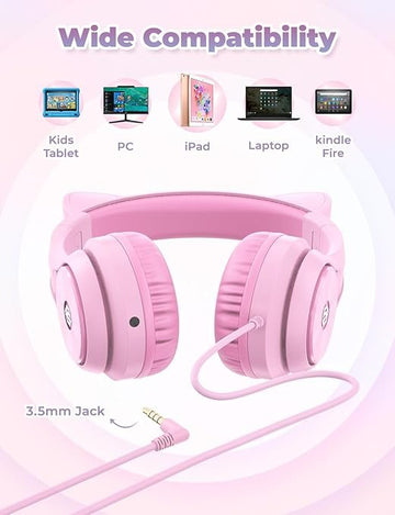 iClever Kids Headphones for Girls Gift Over Ear Headphones, Wired Cat Ear Led Light Up Children Headphones,94dB Volume Limited Foldable Earphones for Kids School, Travel, Music