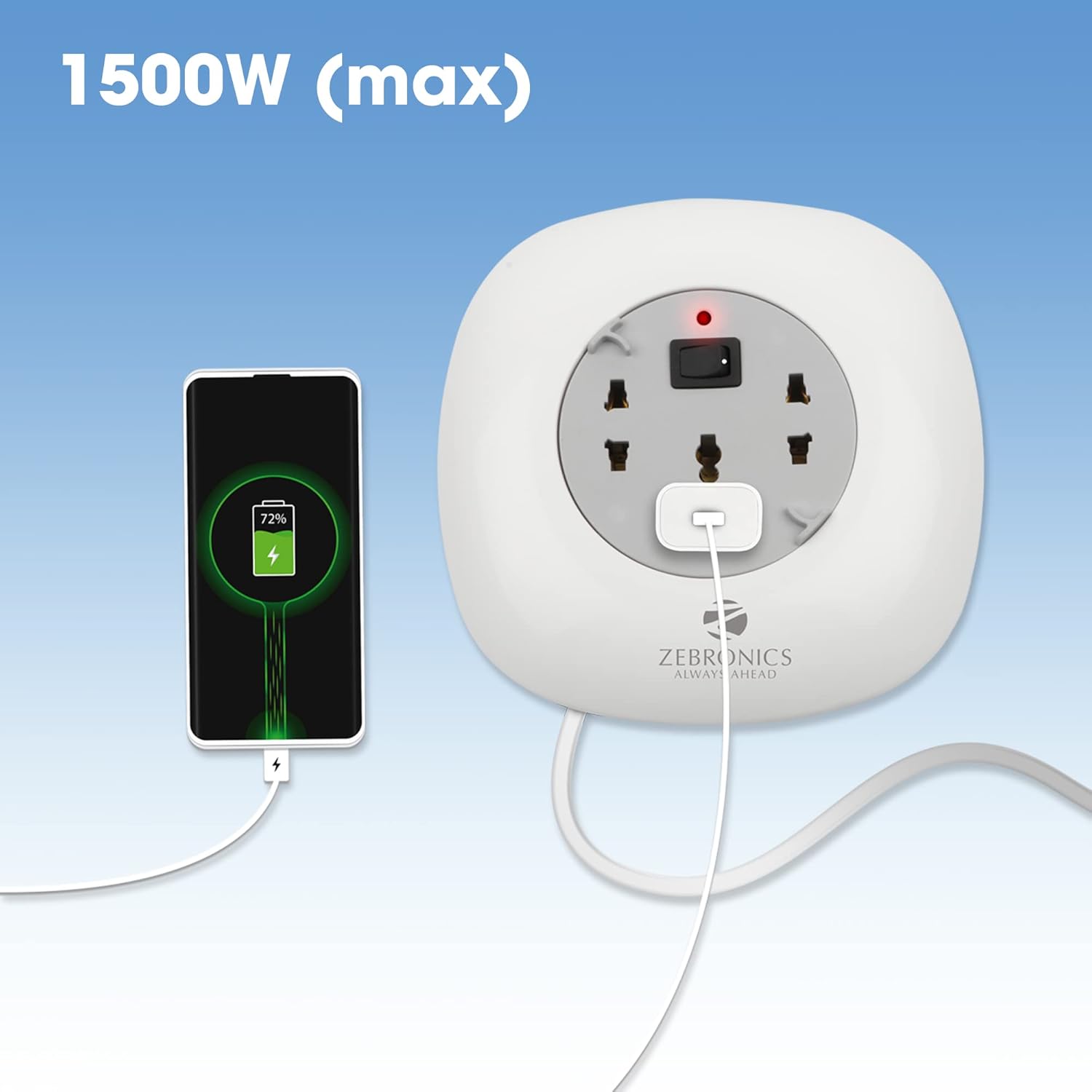 ZEBRONICS - Ps3400H Power Strip A 1500W Power Extension Socket with 3 Output Brass Sockets and 4M Retractable Cable(White), 250 Volts