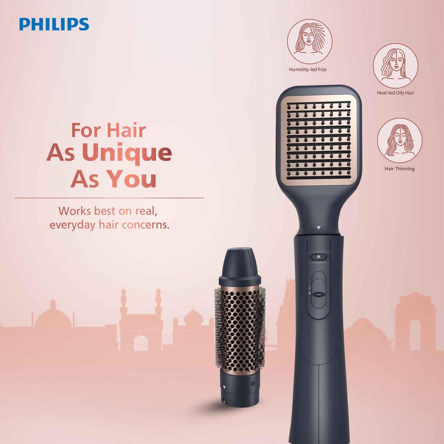 Philips India’s No.1 Hair Styling Brand 2-in-1 Airstyler | Straightening Brush + Hot Air Brush Combo | 3X Volume | 50% Less Breakage,2 Attachments, 3 Heat Settings, Cool Shot, For Indian Hair