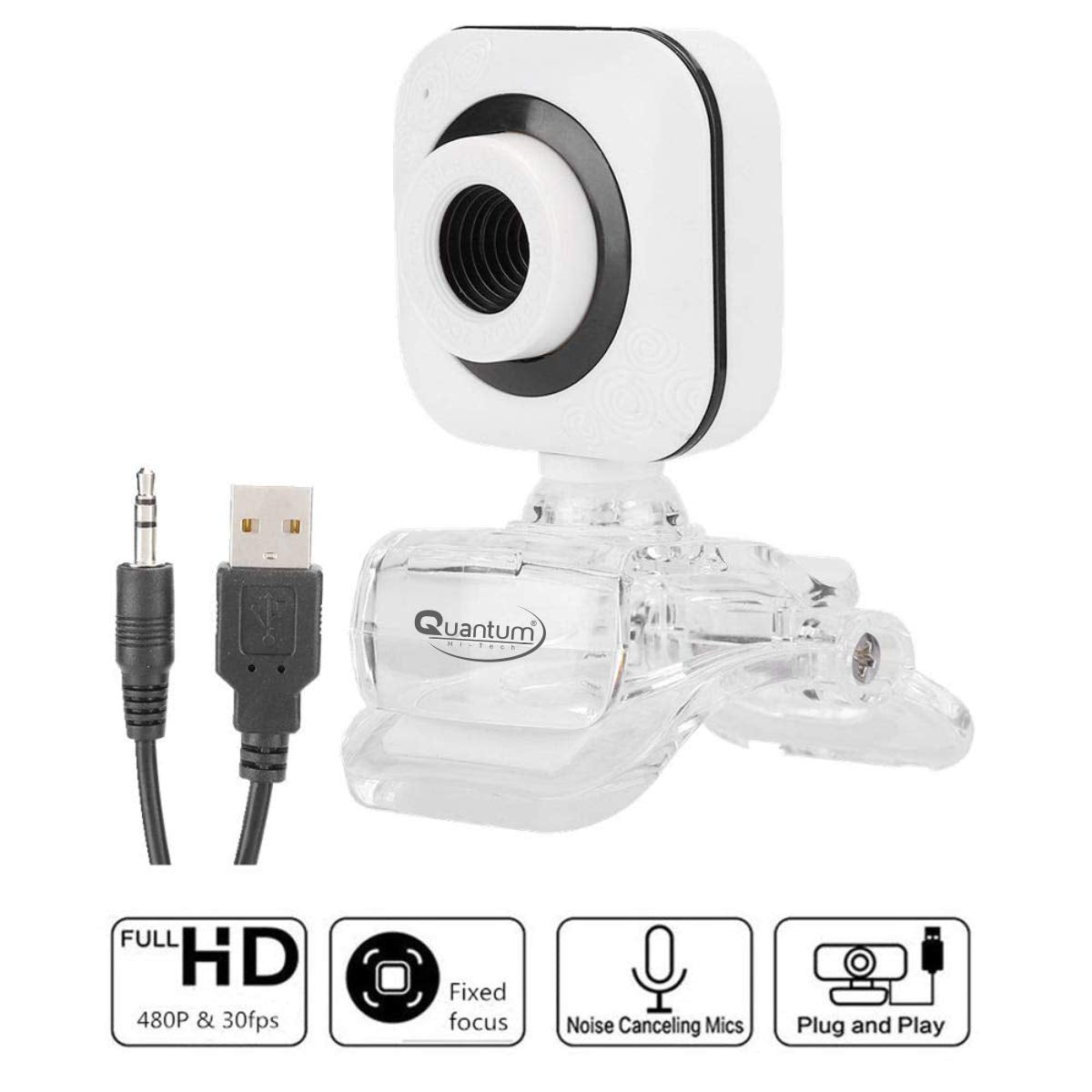 Quantum QHM495B 360 Degree Rotation PC HD Camera, with Built-in Microphone, USB Computer Camera Laptop Desktop Webcams, Drive-Free Streaming Web Camera, for Video Calling, Video Conferencing, (White)