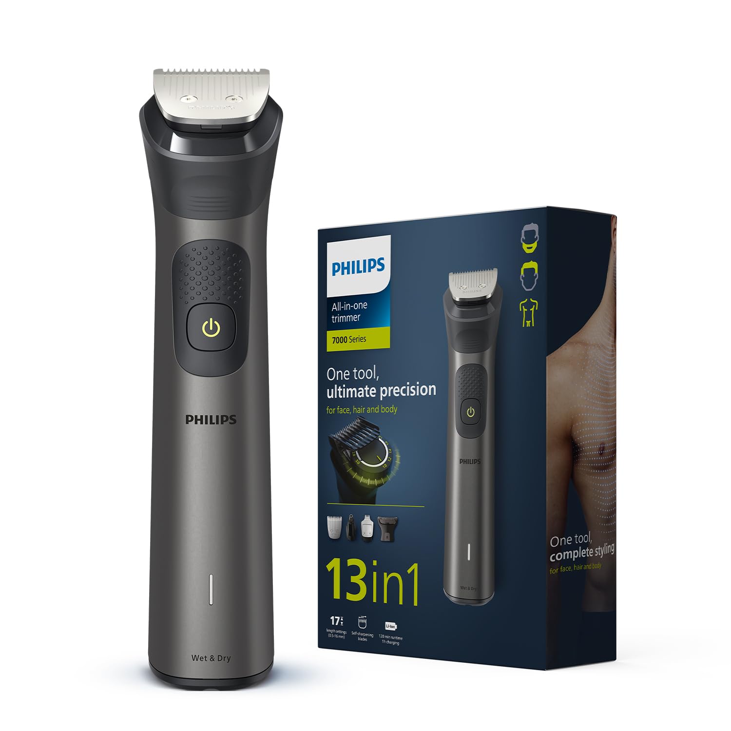 Philips India's No.1 Men's Trimmer | BeardSense Technology | 13-in-1 Trimmer | Precision Trimming | Face, Hair & Body | Nose/Ear Trimming | 2+3yrs* warranty | 120 Min Runtime, MG7922/15, Green