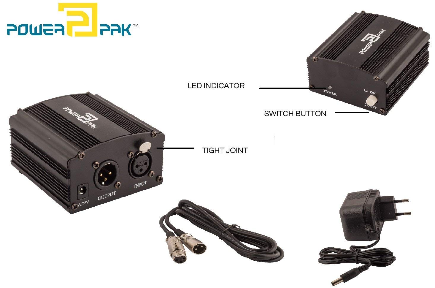 Powerpak 48V Phantom Power Supply 1 Channel for Condenser Microphone Music Recording Equipment (Black)