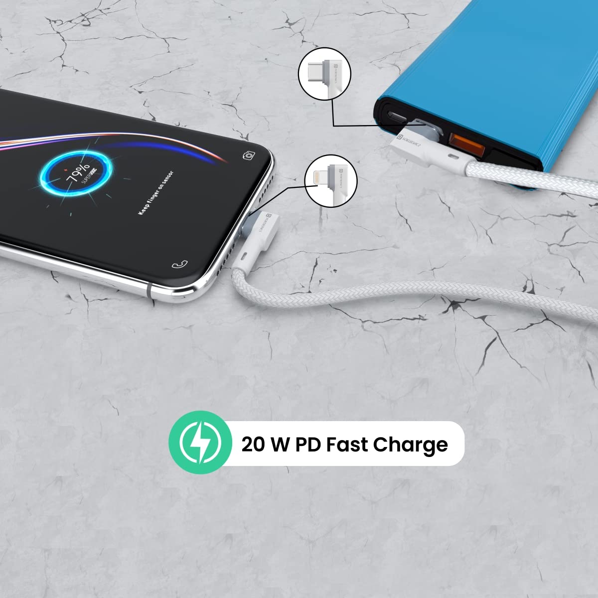 Portronics Konnect L 20W PD Quick Charge Type-C to 8-Pin USB Mobile Charging Cable, 1.2M, Tangle Resistant, Fast Data Sync(White)