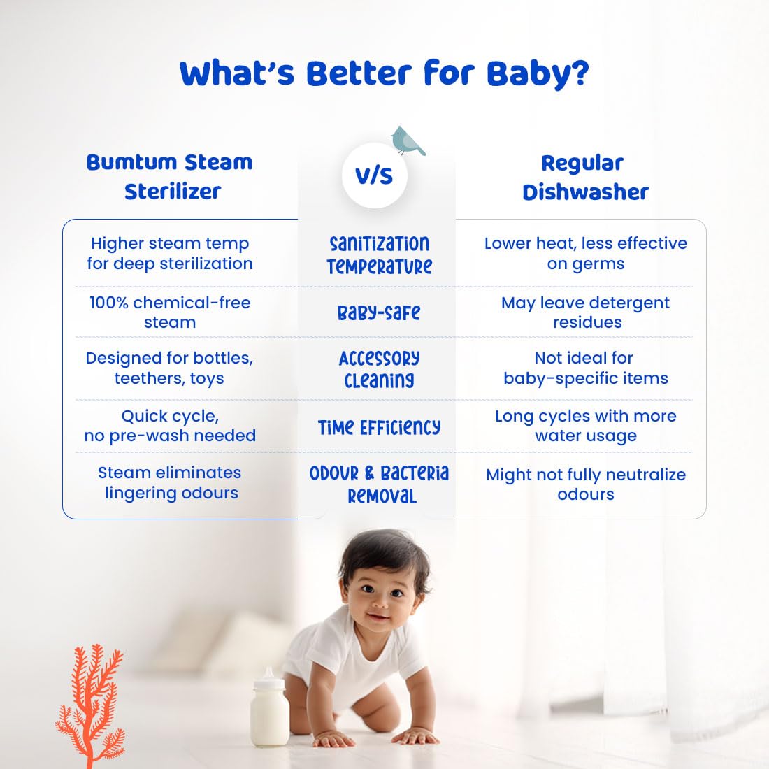 Bumtum Stainless Steel Plate Enhanced Steam Sterilizer with Dryer – Safely Sterilize and Dry All Baby Essentials Including Feeding Bottles, Breast Pump & More (Blue)