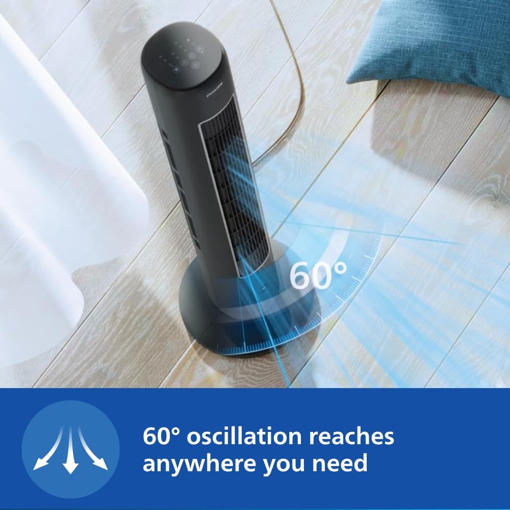 PHILIPS CX 5535/11 High Performance Bladeless Technology Tower Fan with Touchscreen Panel and Remote Control, Quiet Operation, Low Power Consumption and Lightweight Portable Body., Black, 400 mm