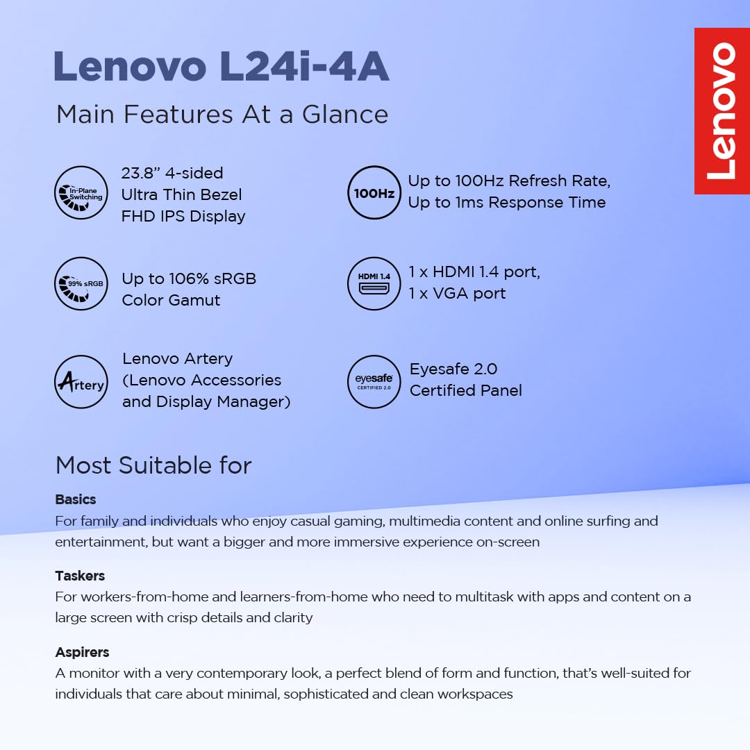 Lenovo L24i-4A, 24 inch (60.45cm), IPS, FHD 1920x1080, 100Hz, Cloud Grey, 1ms, FreeSync, 99% sRGB, 3Wx2 Speakers, HDMI 1.4, VGA, Tilt, Smart Display Customization Artery Monitor