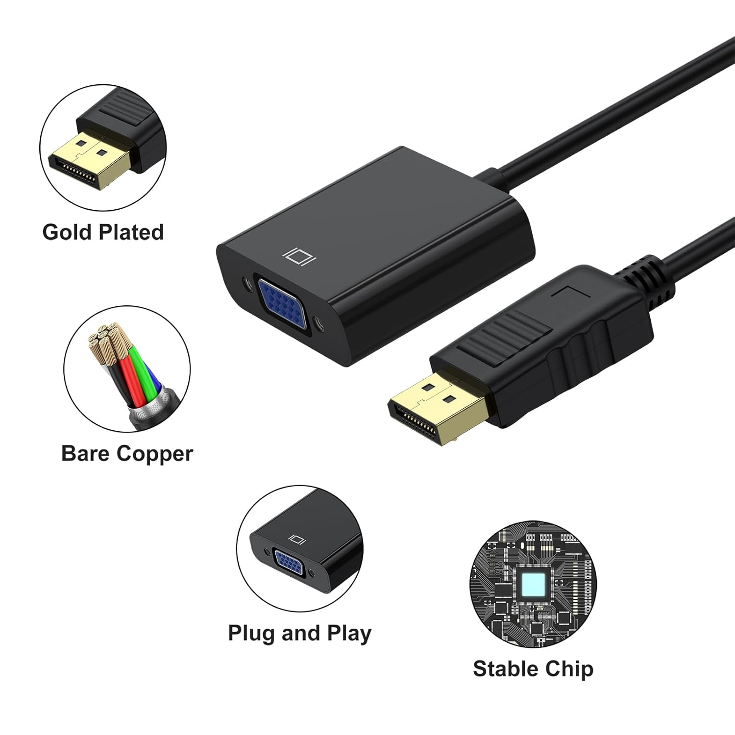 Tobfit DisplayPort to VGA Adapter 1080P, Premium Gold-Plated DP to VGA Converter (Male to Female) for Laptop, Desktop, Monitor, Projector, TV - Compatible with Dell, HP, Lenovo, ASUS & More