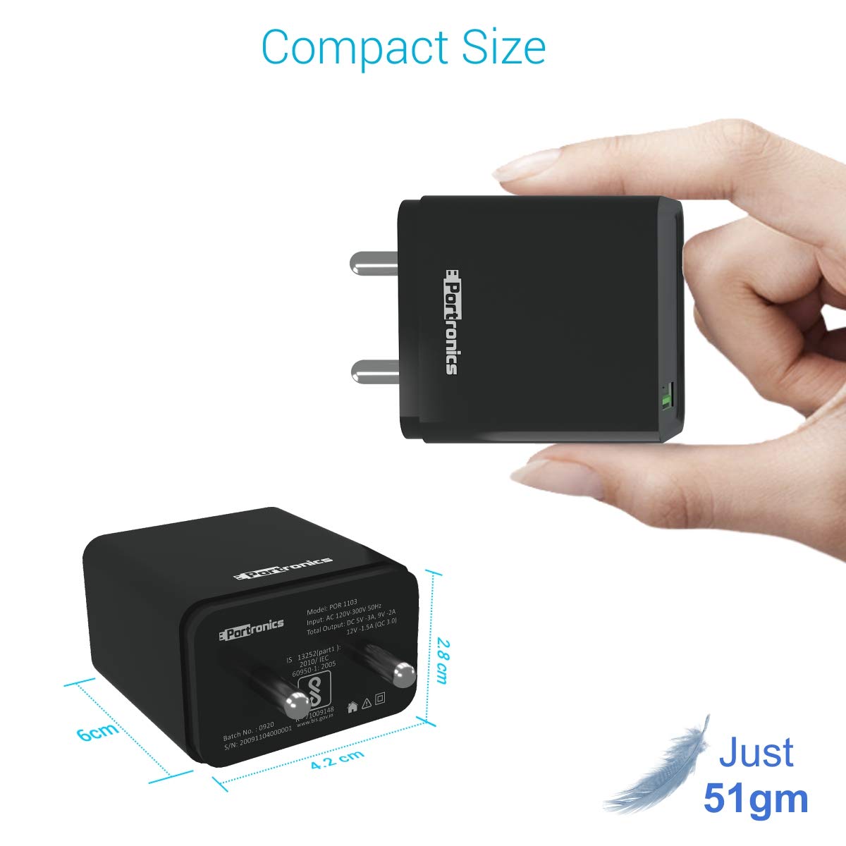 Portronics Adapto One,18W 3A Mach USB Charging Adaptor,Comes with 1M Type-C Cable Single Port Wall Charger for Iphone11/Xs/Xs Max/Xr/X/8/7/6/Plus,Ipad Pro/Air2/Mini3/Mini 4,Samsung S4/S5&More,Black