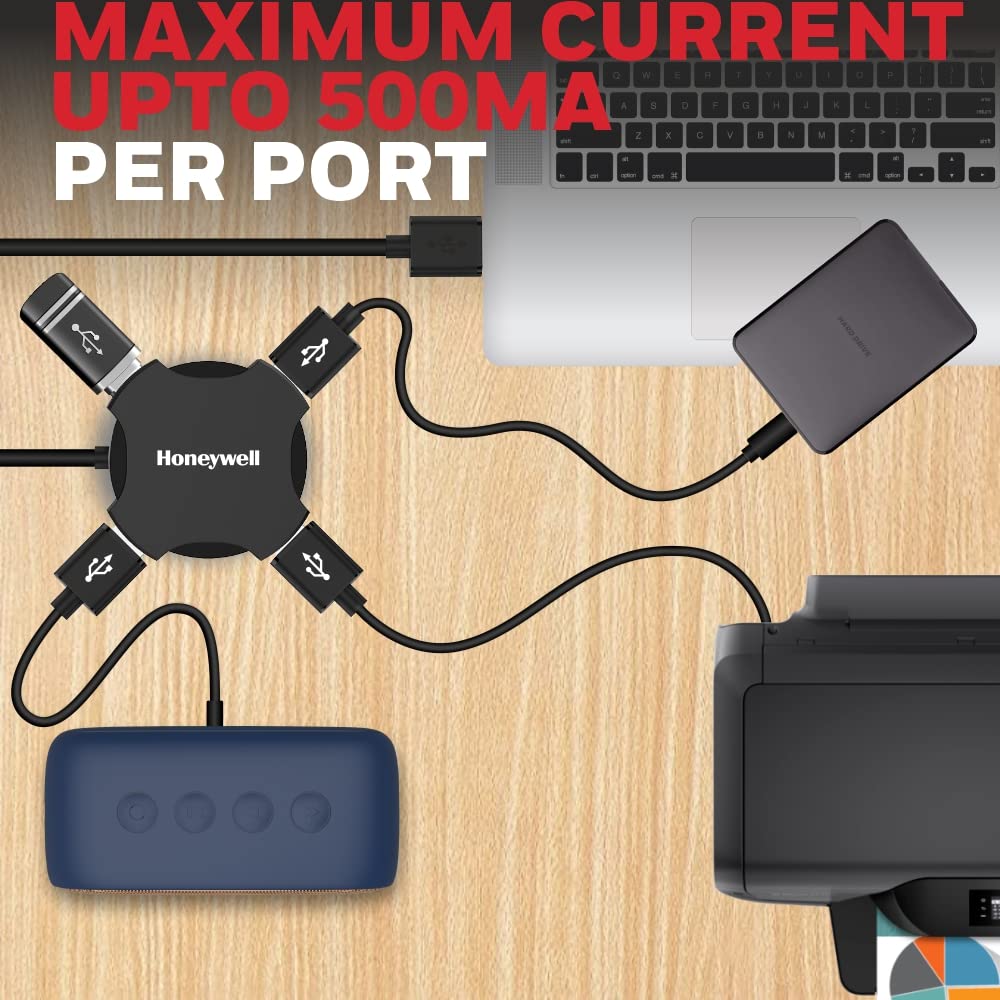 Honeywell 4 in 1 Ultra Slim USB Hub 2.0,1.2Meter(4 feet) Cable, with a Transfer Speed of 480MBPS, Universally Compatible with All USB PC Speaker Laptop Hard Drive Keyboard Printer Pen Drive